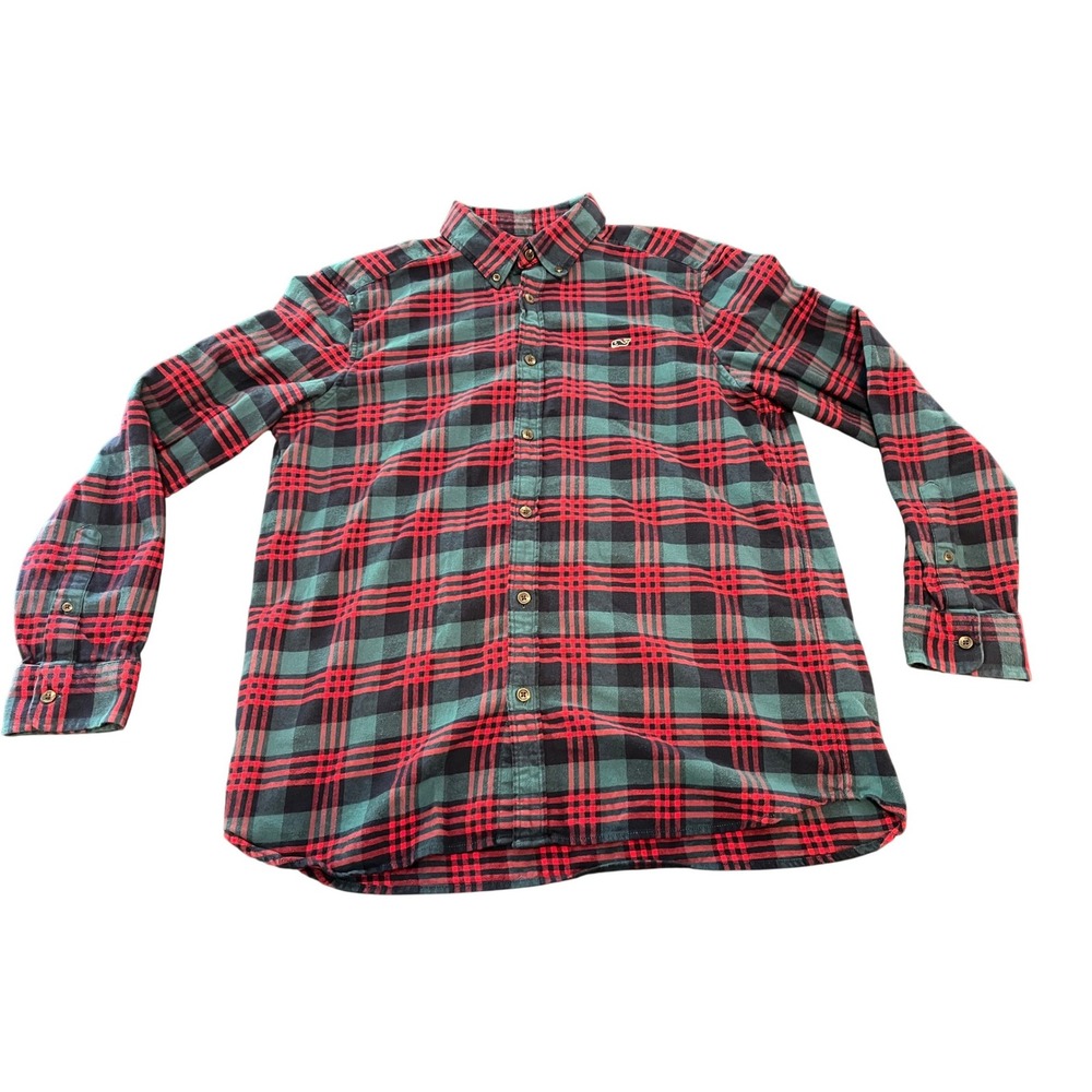 Vineyard Vines Mens Large Red Green Plaid Long Sleeve Button Shirt Whale Logo
